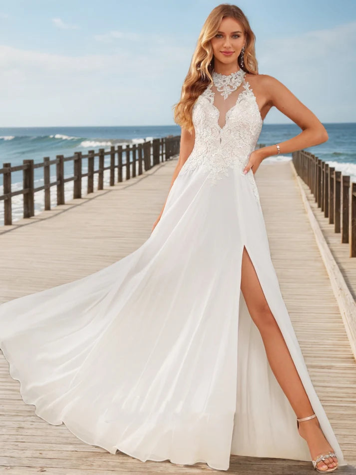 A-Line/Princess V-Neck Sleeveless Lace Full of charm Wedding Dresses